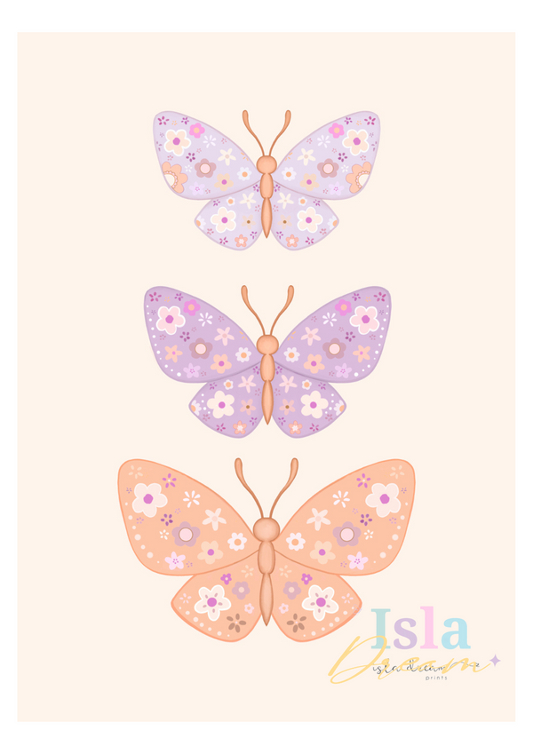 Floral Butterfly Trio Print - Pastel