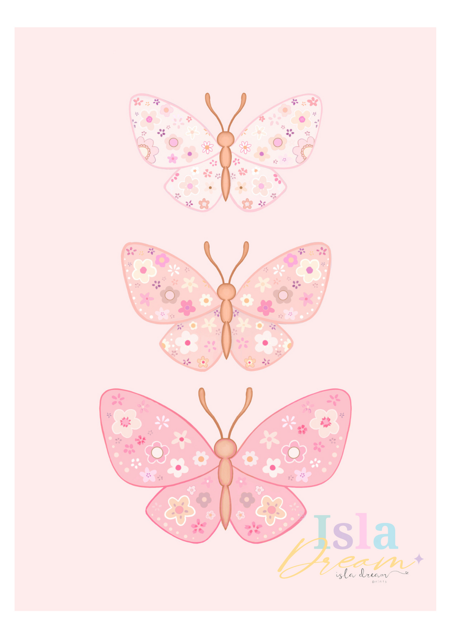 Floral Butterfly Trio Print - Pink