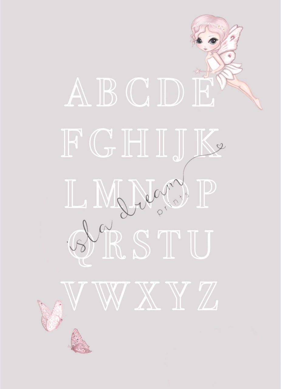 Grace the fairy butterfly, alphabet poster: available pink and grey - Isla Dream Prints